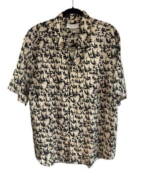 Vintage Axis silk blend Black Cream Face-Print Short Sleeve button down Shirt L
